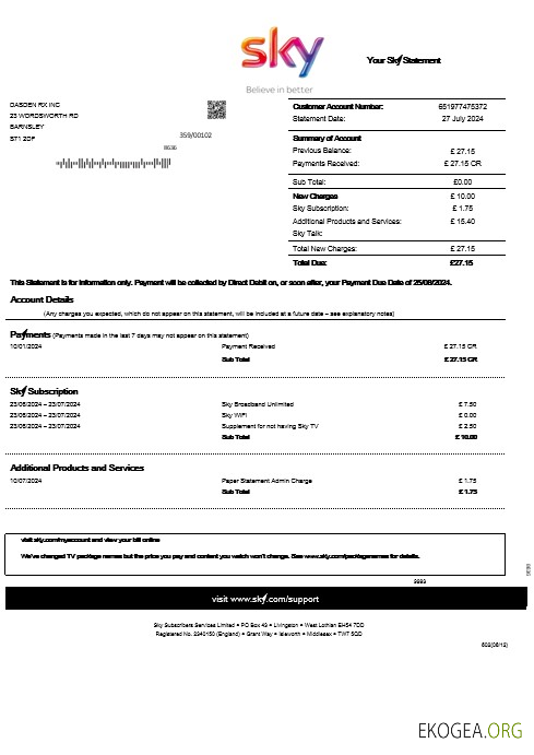 Modèle de relevé de facture de services publics pour les entreprises Sky du Royaume Uni aux formats Word et PDF